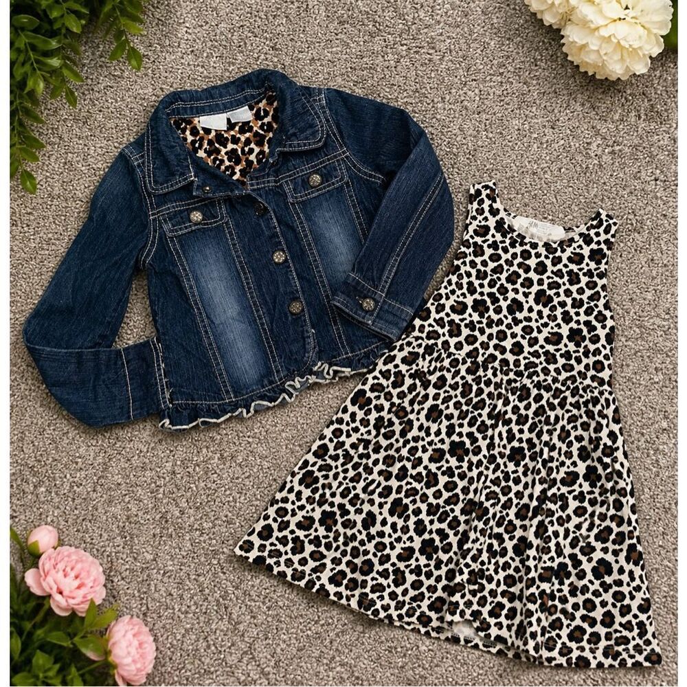 Girls 4T Outfit Bundle Denim Jacket Leopard Dress H&M Cute Fall Outfit
